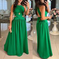ChicMe Women's Halter Sleeveless Tied Detail Shirred Criss Cross Flared Dress Glamorous Evening Dress
