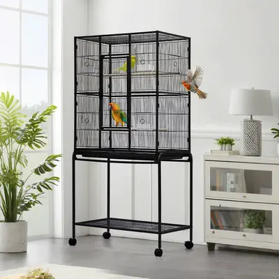 Garvee 62.6 Large Bird Cage, Parrot Bird Cage with Rolling Stand & Storage Shelf, Heavy Duty Wrought Iron Flight Cage, Secur...