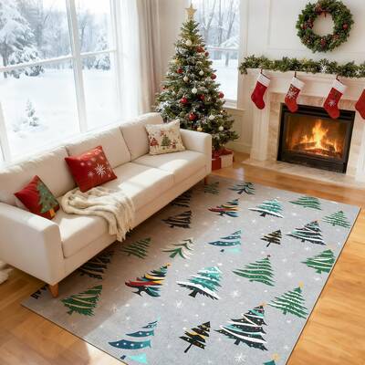 Garvee Christmas Area Rug 5x7 Non-Slip Soft Low Pile Washable Carpet Indoor Xmas Tree Motif Living Room Bedroom Dining Room