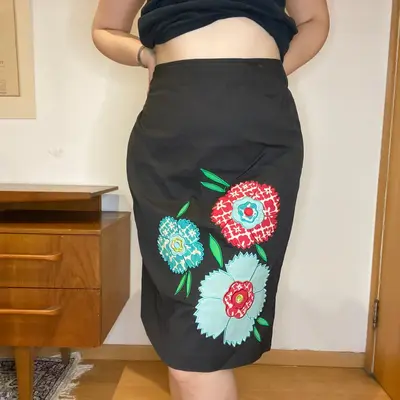 Moschino Jeans Floral Midi Skirt - 32W UK 12 Black Cotton Blend