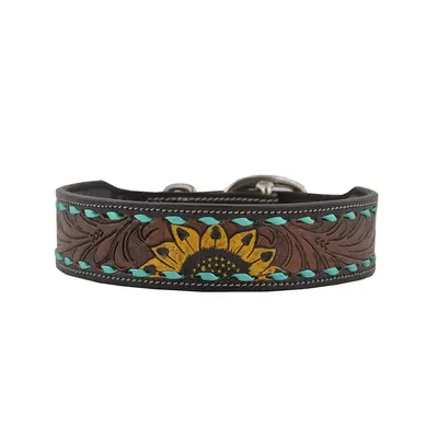 SCENIC SUNFLOWER HAND-TOOLED PADDED LEATHER DOG COLLAR