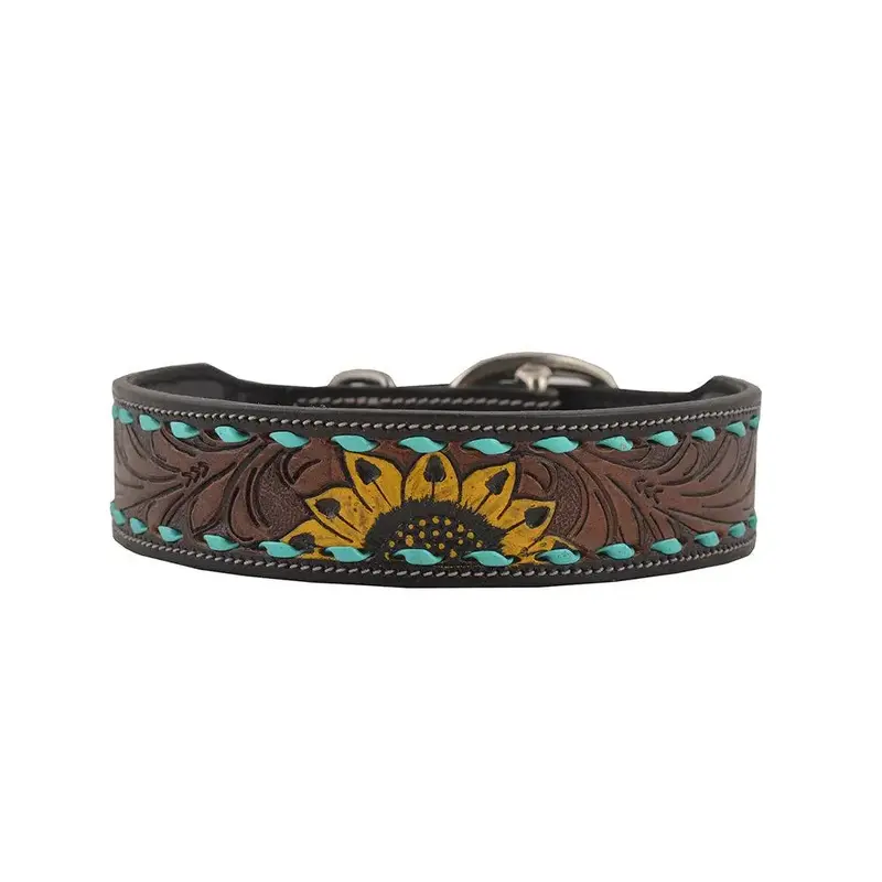 SCENIC SUNFLOWER HAND-TOOLED PADDED LEATHER DOG COLLAR