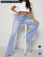 Women's Colorblock Button Fly Pocket Flare Leg Jeans, Stretchy Bootcut Jeans Streetwear, Casual Fitted Comfort Bell Bottom De...