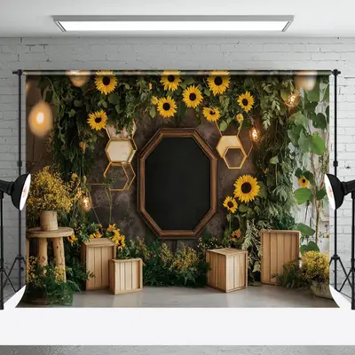 Aperturee Sunflower Natural Greenery Rustic Spring Backdrop, 3X2FT(1MX0.6M), 14 USD, spring backdrops, NYHD1J10-M