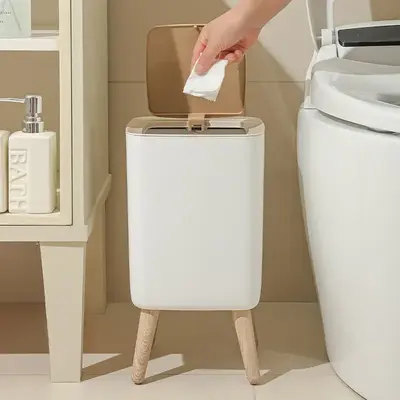Trash Can with 4 Stand, 1 Count Stylish White Garbage Bin with Lid, Household Waste Storage Bin for Living Room & Bedroom & K...