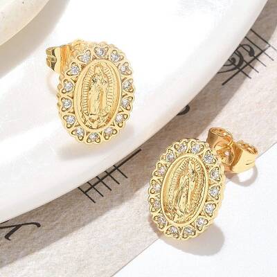 Oval with Virgin Mary Brass Micro Pave Clear Cubic Zirconia Stud Earrings