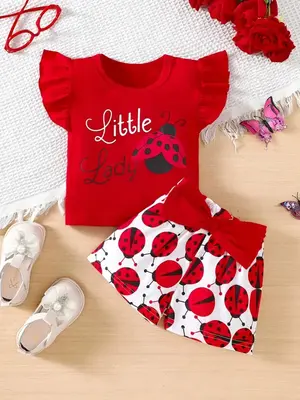 Toddler Girl's Top & Bow Decor Shorts Two-Piece Set, Cute Casual Round Neck Top & Shorts for Daily Wear, Kids Clothing for S...