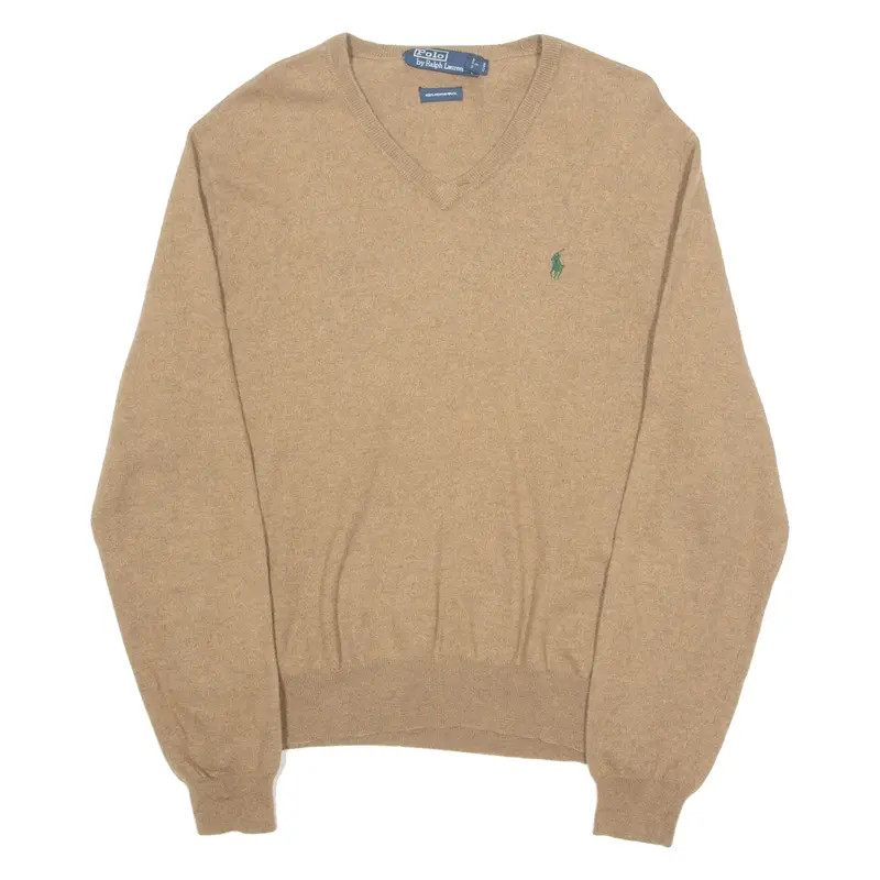 POLO RALPH LAUREN Mens Jumper Brown V-Neck Tight Knit Wool XL