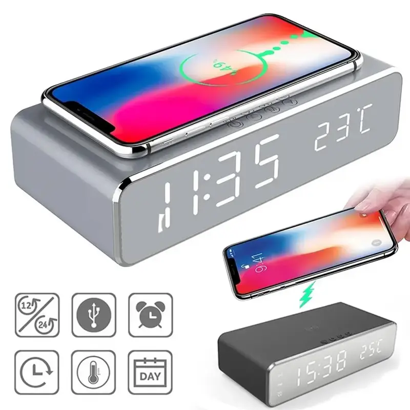 2-in-1 Wireless Charging Station with Alarm Clock Function, 1 Count Multifunctional Wireless Charger with LED Digital Thermom...