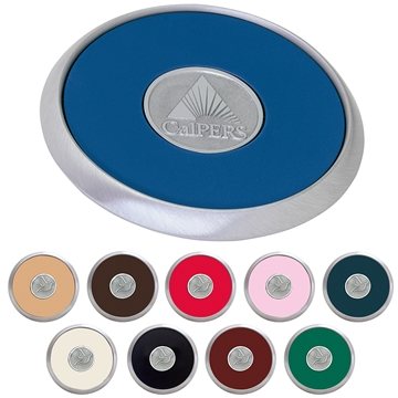 25 Custom Round Brushed Zinc Coaster - Leather Bonded