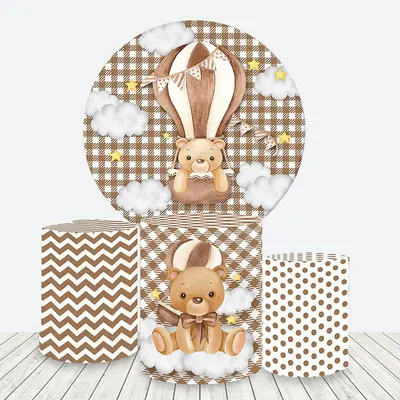 Aperturee Brown Air Balloon Bear Baby Shower Round Backdrop Kit | Circle Backdrop Baby Shower | Custom Round Backdrop | Baby ...