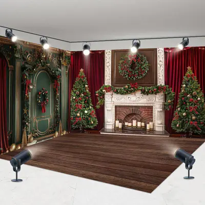 Aperturee Red Curtain Green Wall Christmas Room Set Backdrop, 7X7FT(Left Wall)+10X7FT(Right Wall)+10X7FT(Floor), 247.5 USD, H...