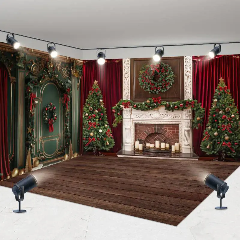 Aperturee Red Curtain Green Wall Christmas Room Set Backdrop, 7X7FT(Left Wall)+10X7FT(Right Wall)+10X7FT(Floor), 247.5 USD, H...