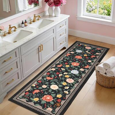 Garvee 2x6 Floral Bathroom Runner Rug Machine Washable Non-Slip Soft Low Pile Lightweight Black Indoor Floor Mat