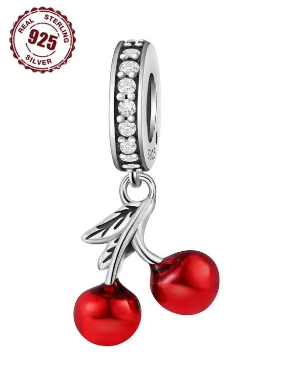 S925 Sterling Silver Cute Cherry Design Pendant, Rhinestone Decor Fashionable Jewelry Accessories for Women & Girls, Diy Brac...