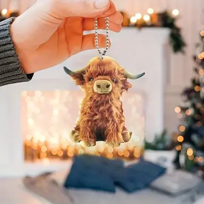 Hanging Ornaments, 1 Piece 2D Planar Acrylic Mini Highland Cow Design Decoration, Hangable Cute Ornament, Home Decorative...