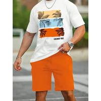 Men's Vibrant Hawaiian-Inspired Cotton T-Shirt Palm Tree Orange Stripe Design Casual Beachwear Short Sleeve Round Neck Cotton...