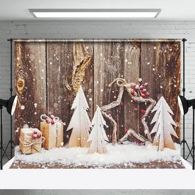 Wooden Board Snowy Xmas Tree Gift Christmas Backdrop - Aperturee