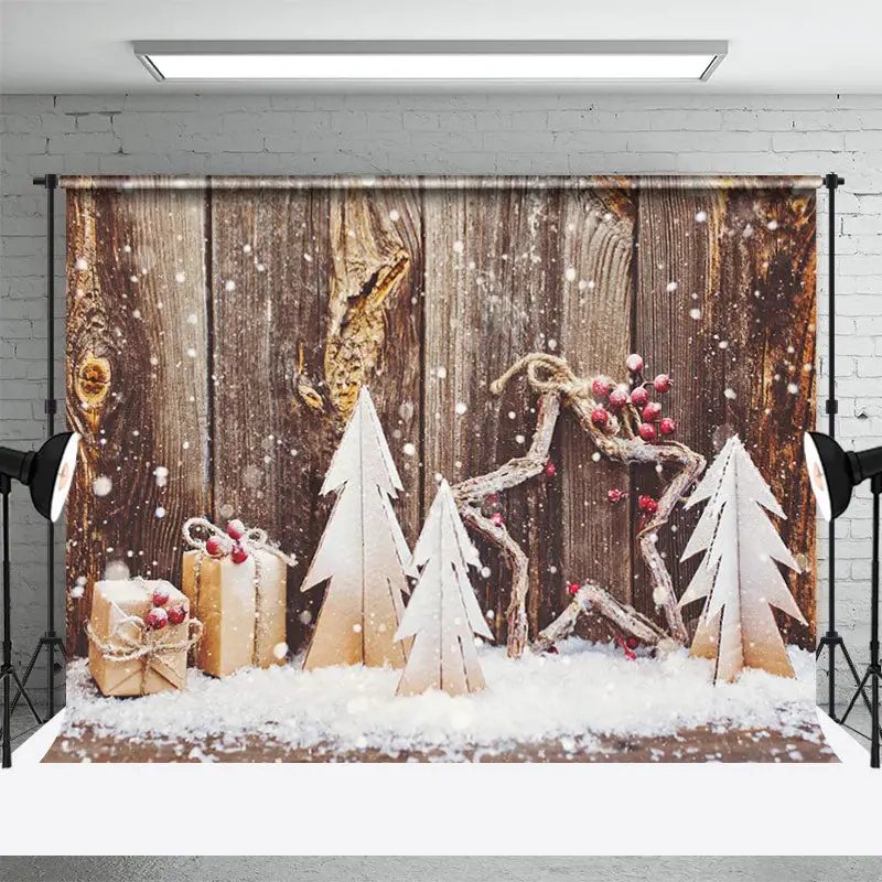 Wooden Board Snowy Xmas Tree Gift Christmas Backdrop - Aperturee