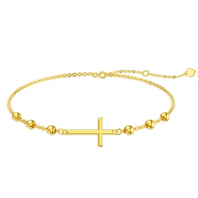 14K Gold Cross Bead Station Chain Bracelet