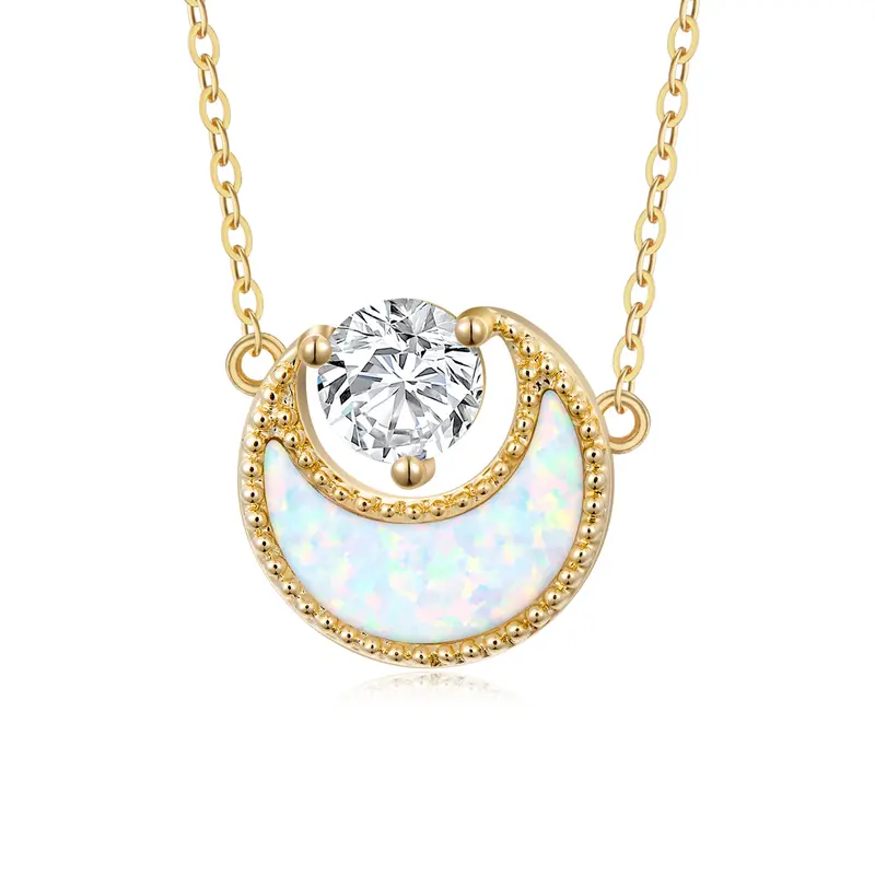 14K Gold Opal & Cubic Zirconia Moon Pendant Necklace