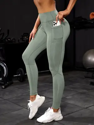 Women's Solid High Stretch Pocket Design Sports Tummy Control Leggings, Casual Comfy Breathable Skinny Pants for Yoga Gym Wor...