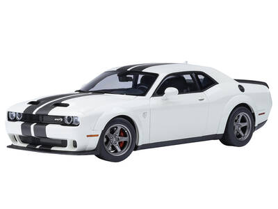2023 Dodge Challenger SRT Super Stock Knuckle White with Carbon Stripes 1/18 Model Car by Autoart