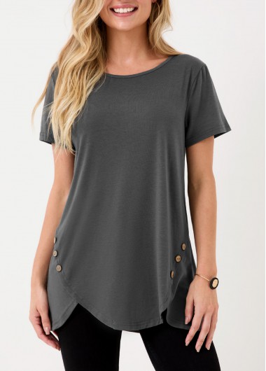 Modlily Asymmetric Hem Dark Grey Decorative Button T Shirt - XL