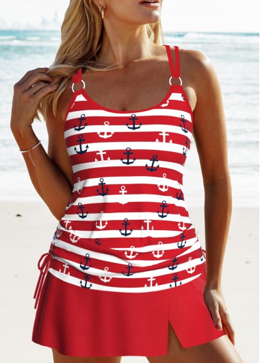 Modlily Circular Ring Striped Red Tankini Set - M