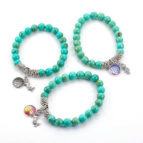Synthetic Turquoise(Dyed) Beads Stretch Charm Bracelets