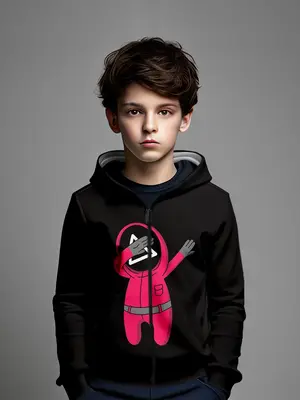 Boys' Fitted Zipper Hoodie with Squid Game Character Print, Casual Fall & Winter Wear, Trendy Party for Kids, Graphic Hoodie
