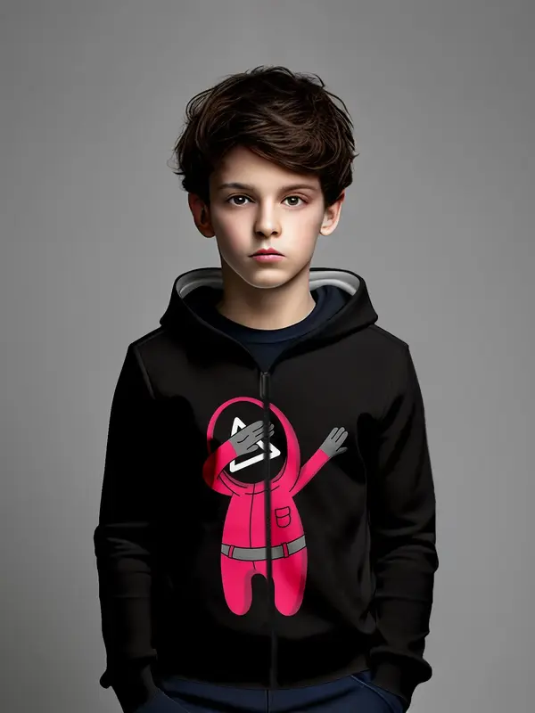 Boys' Fitted Zipper Hoodie with Squid Game Character Print, Casual Fall & Winter Wear, Trendy Party for Kids, Graphic Hoodie