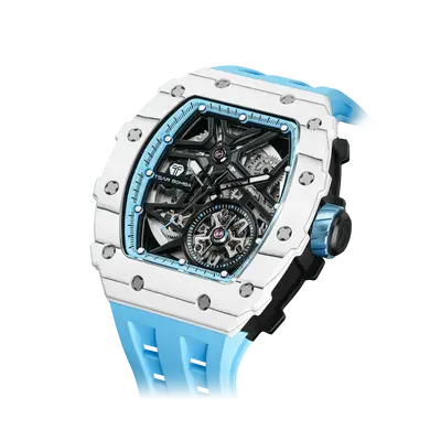 TSAR BOMBA Men's Luxury Tonneau Mechanical Sport Watch | Carbon Fiber Watch | White Blue | Elemental TB8209CF | Japanese Auto...