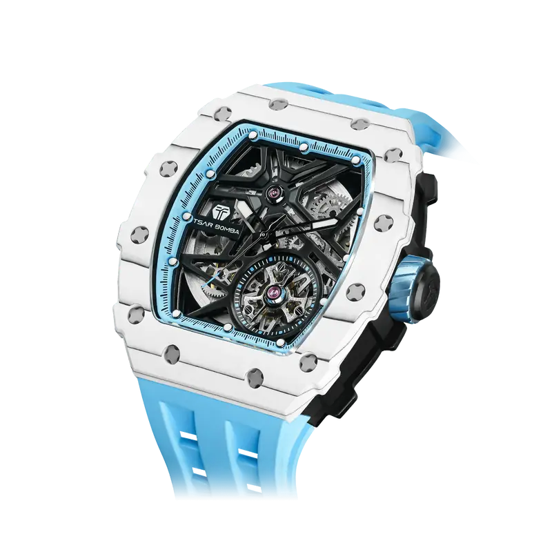 TSAR BOMBA Men's Luxury Tonneau Mechanical Sport Watch | Carbon Fiber Watch | White Blue | Elemental TB8209CF | Japanese Auto...