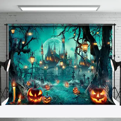 Aperturee Candle Light Pumpkin Villa Halloween Night Backdrop - Aperturee