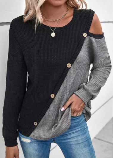 Modlily Black Patchwork Long Sleeve Round Neck Sweatshirt - XL