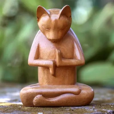 NOVICA Full Lotus Cat Wood sculpture