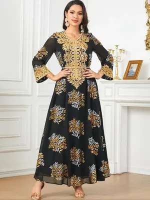 Arabic Clothing-leaf Embroidery Contrast Sequin Tie Back V Neck A Line Dress, Elegant Long Sleeve Dress for Summer, Women's I...