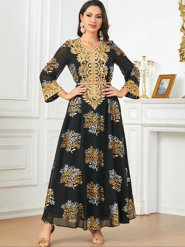 Arabic Clothing-leaf Embroidery Contrast Sequin Tie Back V Neck A Line Dress, Elegant Long Sleeve Dress for Summer, Women's I...