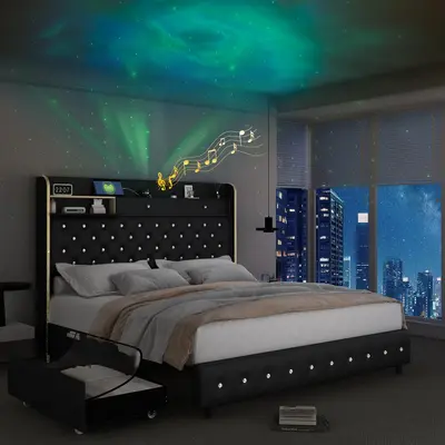 Full Led Bed Frame with Galaxy Aurora Star Projector, Full Size Platform Bed with 2 Storage Drawers, 52 Diamond Upholstered...