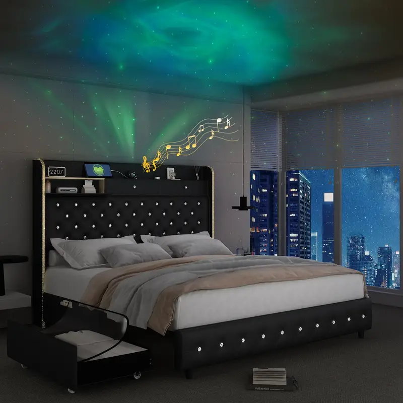 Full Led Bed Frame with Galaxy Aurora Star Projector, Full Size Platform Bed with 2 Storage Drawers, 52 Diamond Upholstered...