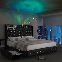 Full Led Bed Frame with Galaxy Aurora Star Projector, Full Size Platform Bed with 2 Storage Drawers, 52\