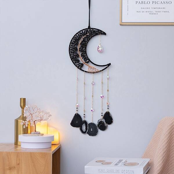 Copper Wire Wrapped Natural Obsidian Moon Hanging Ornaments