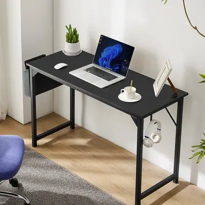 SweetFurniture S - Office Small Computer Desk, Writing Study Work Desk with Storage Bag & Iron Hook Wooden Desk Modern Simple...