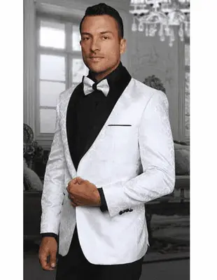 White Two Toned Paisley Shawl Lapel Entertainer Singer Blazer Jacket