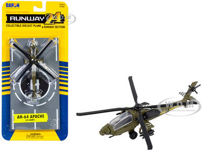 Boeing AH-64 Apache Helicopter Olive Drab United States Army with Runway Section Diecast Model by Runway24