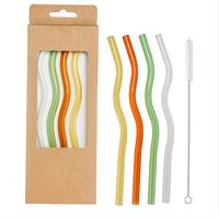 Modern Wavy Glass Straw Set, 4 Counts Reusable Colorful Glass Straw and 1 Count Cleaning Brush Set, Heat Resistant Straw for ...