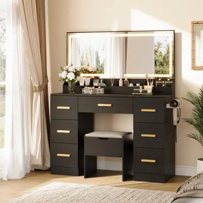 Garvee Modern Vanity Desk with Large LED Mirror – 8 Spacious Drawers, Built-in Power Outlet, Adjustable Lighting, Makeup Ta...
