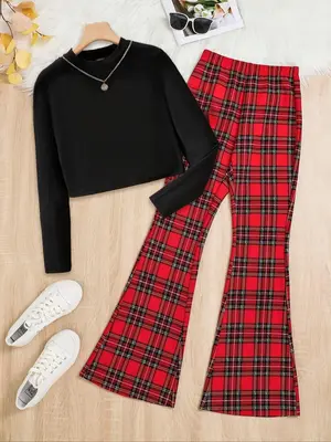 Two-Piece Set Girl's Solid Round Neck Tee & Plaid Print Flare Leg Pants Set, Casual Long Sleeve Top & Elastic Waist Trousers ...
