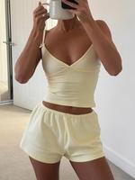 Two-piece Set Women's Solid Crop Cami Top & Shorts, Casual Comfy Spaghetti Strap Camisole & Shorts Set, Women's Sleepwear for...